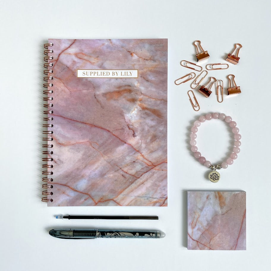 Notitie boekje sticky notes armband pen wisbare inkt paperclips papierklem rozenkwarts